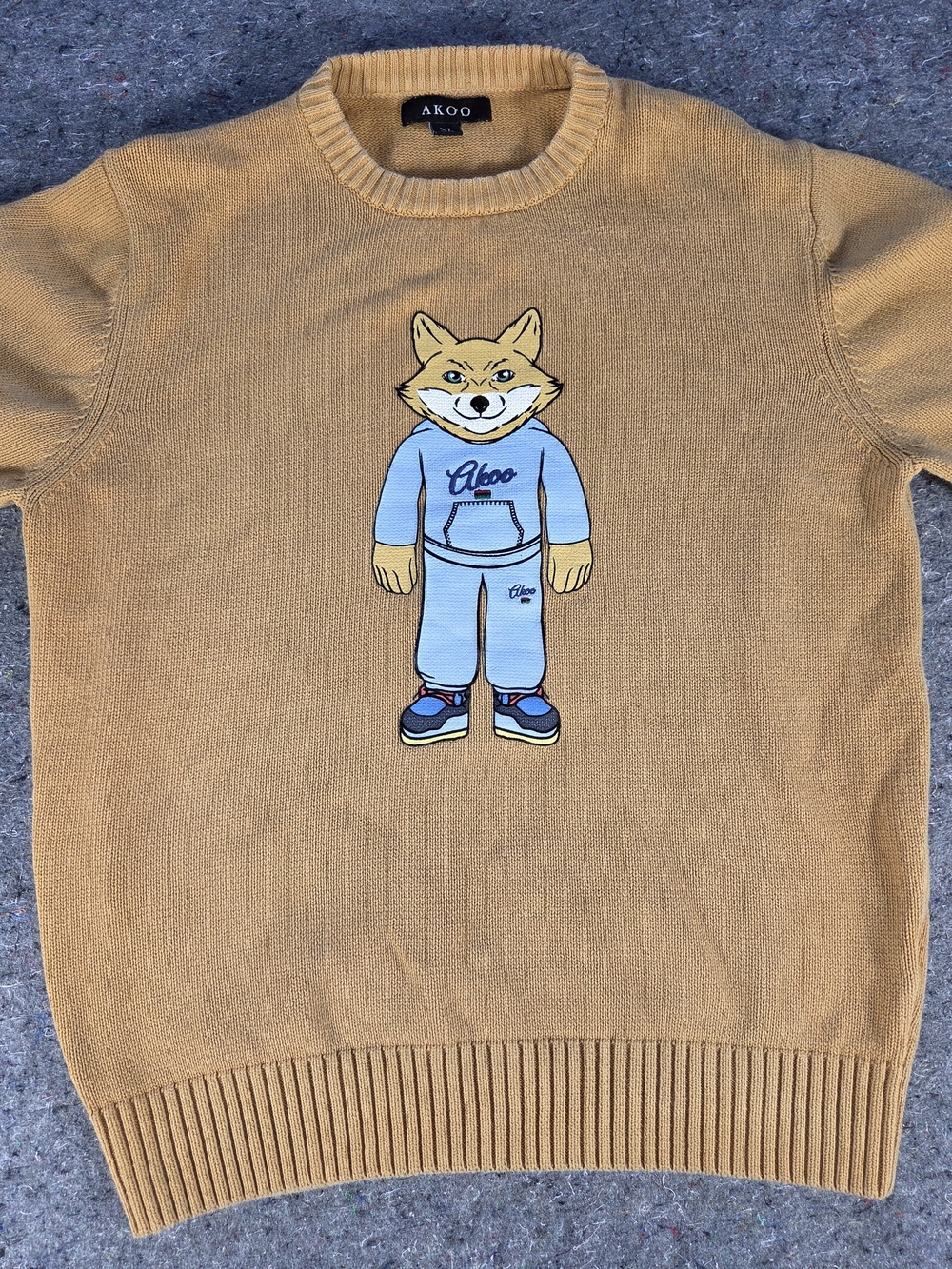 AKOO Men’s XL Fox Graphic Embroidered Knit Sweater Tan Hip Hop Streetwear